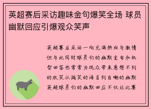 英超赛后采访趣味金句爆笑全场 球员幽默回应引爆观众笑声